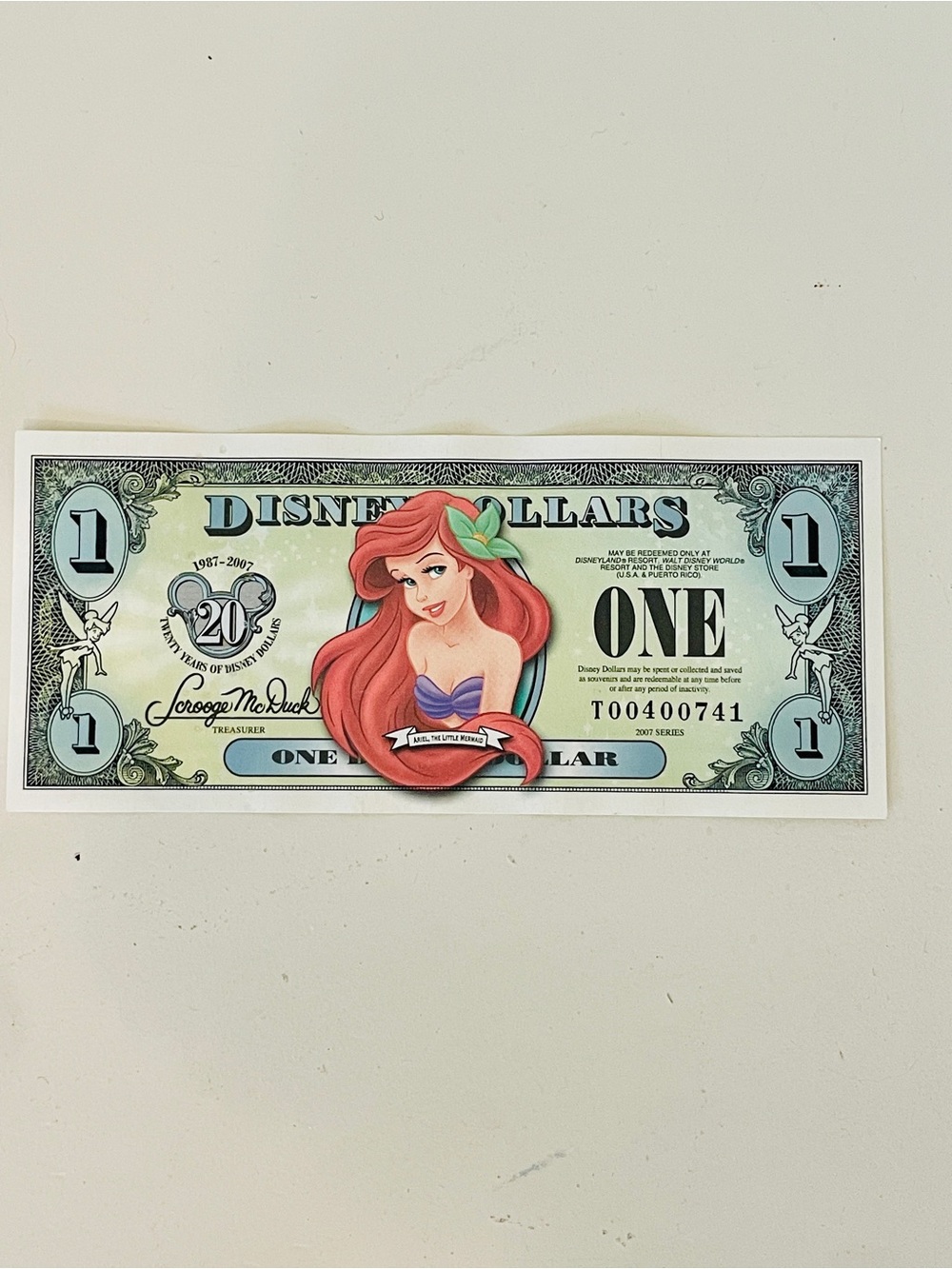 RARE Disney Dollar Ariel T Series $1 Uncirculated 2007 WDW Main Street USA